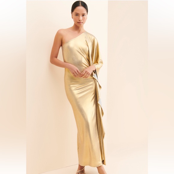 Ripley Rader Throwback Metallic Radiant Gold One-Shoulder Gown